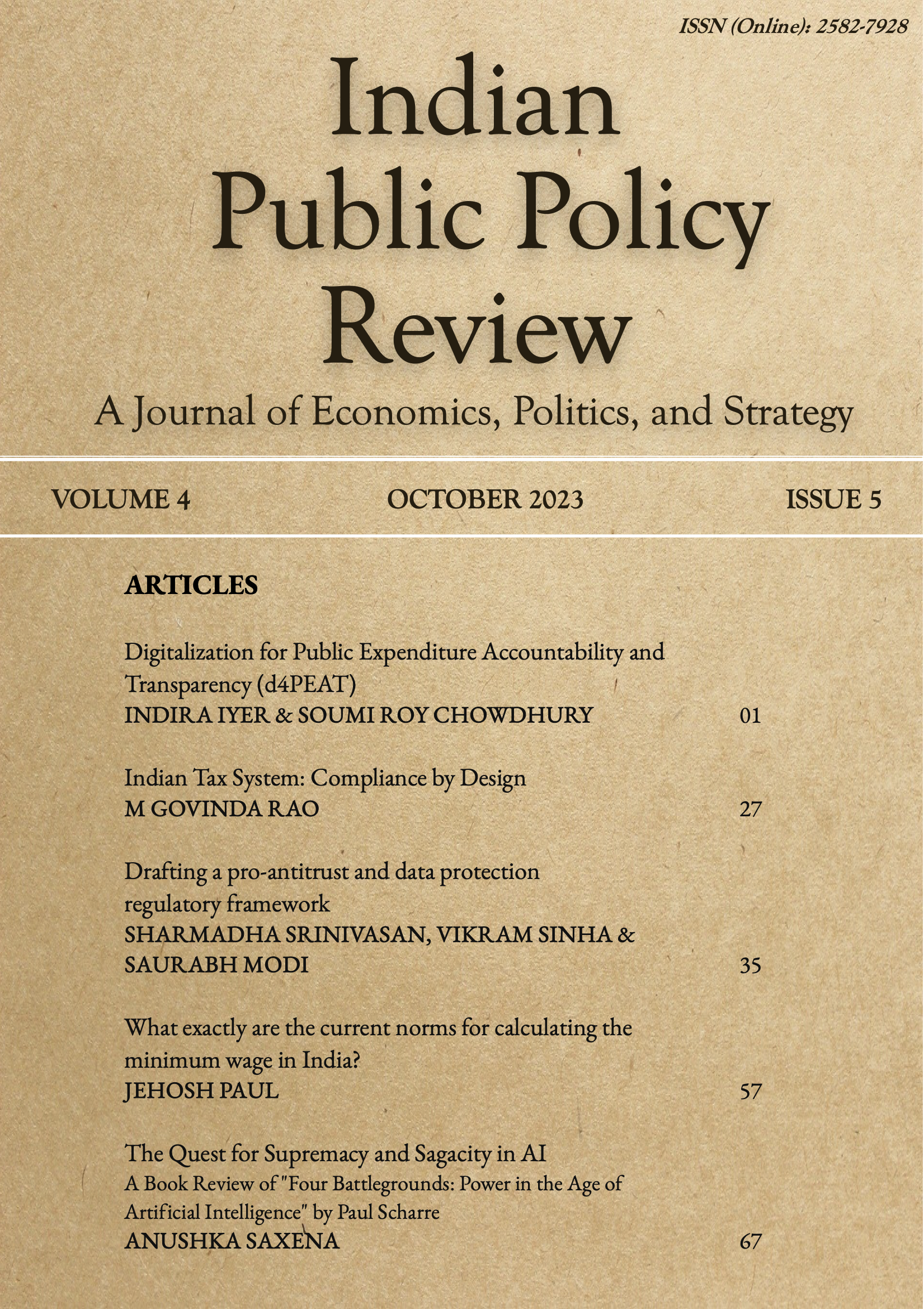 					View Vol. 4 No. 5 (Sep-Oct) (2023): Indian Public Policy Review
				